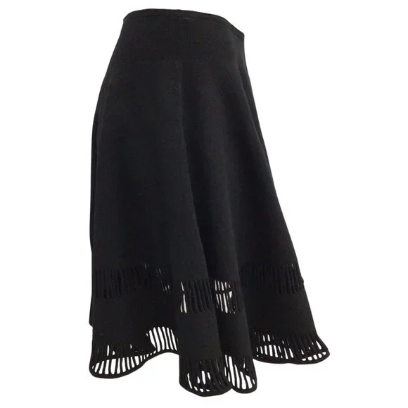 ALAIA PARIS BLACK CUT-OUT DETAIL WOOL KNIT FLARED A-LINE SKIRT - Picture 2 of 4